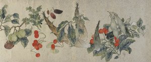 野菜と果物、清朝、1828年（金色の縞模様の紙にインクと色）